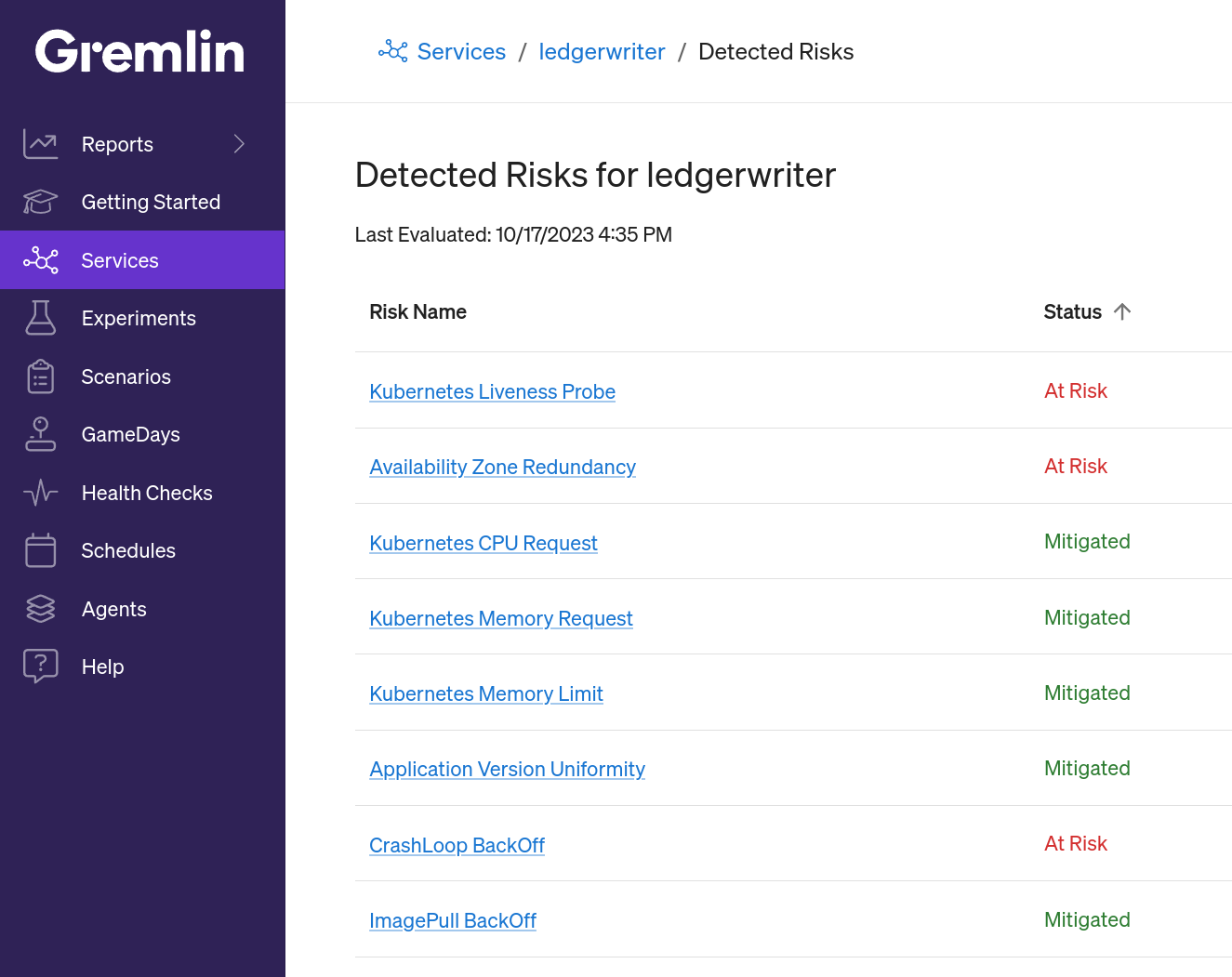 Viewing a list of Detected Risks for a service in the Gremlin web app