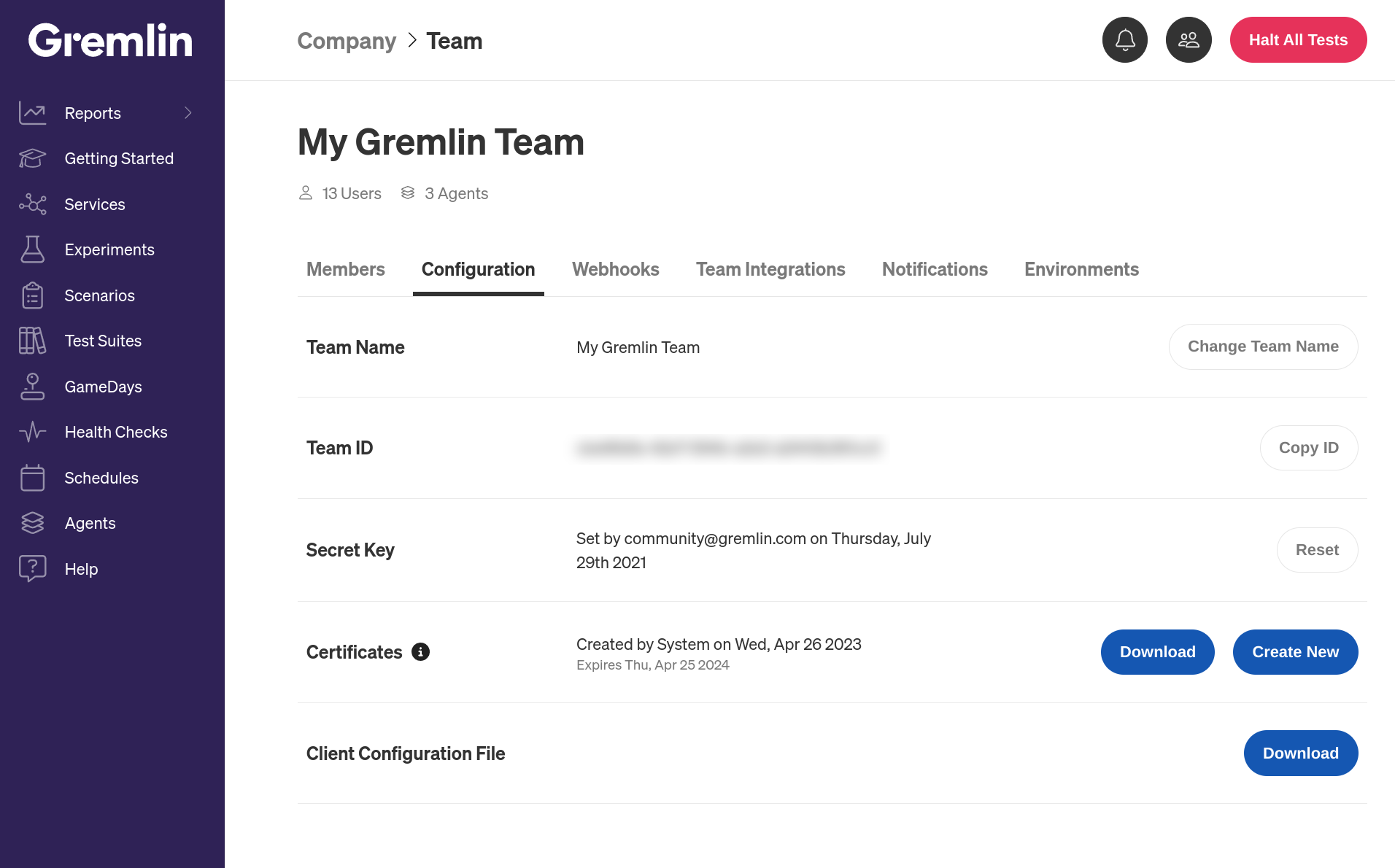 Viewing your team settings page in the Gremlin web app