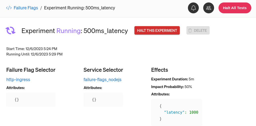 A screenshot of the Gremlin web UI showing an actively running Failure Flag experiment.