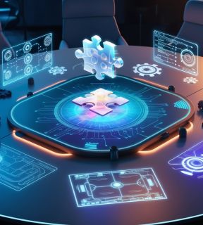 A futuristic conference table with a glowing holographic puzzle in the center, surrounded by abstract tech elements like circuit diagrams and digital blueprints, symbolizing collaboration and problem-solving in a high-tech workspace.