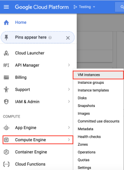 vm instance menu