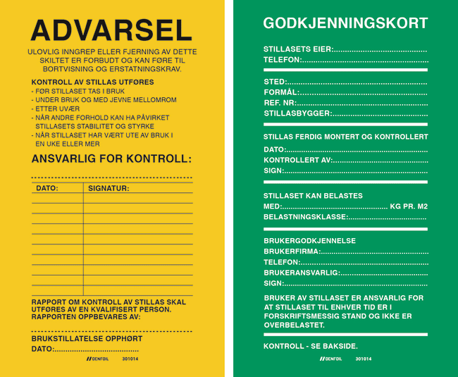 Dobbelsidig stillasskilt i plast, grønn 14x24cm