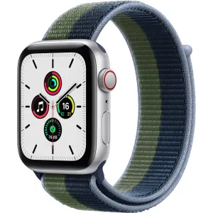 Apple Watch SE GPS + Cellular, Silbernes Aluminiumgehäuse und Sportarmband, 44 mm