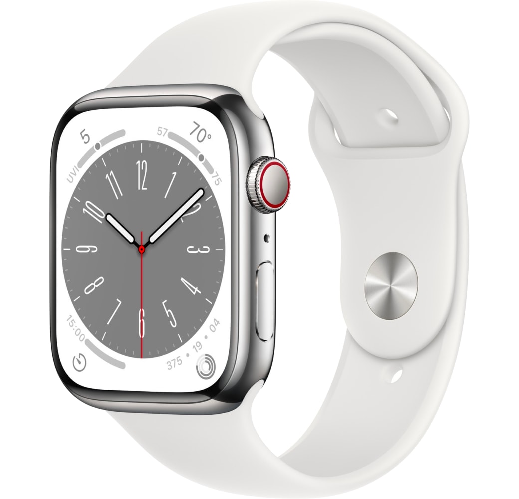 Weiß Apple Watch Series 8 GPS + Cellular, Edelstahlgehäuse, 45 mm.1