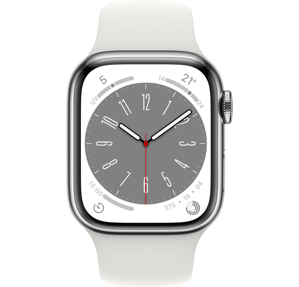 White Apple Watch Series 8 GPS + mobiel, roestvrijstalen behuizing, 41 mm.2