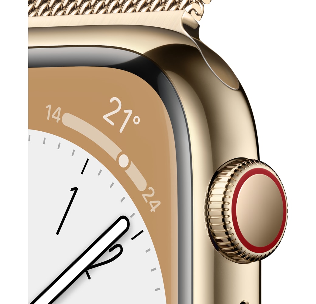 Oro Apple Watch Series 8 GPS + Celular, acero inoxidable, 45 mm.3
