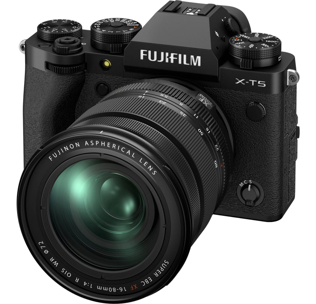 Schwarz Fujifilm X-T5 Systemkamera, mit Objektiv XF 16-80mm f/4 R OIS WR.1