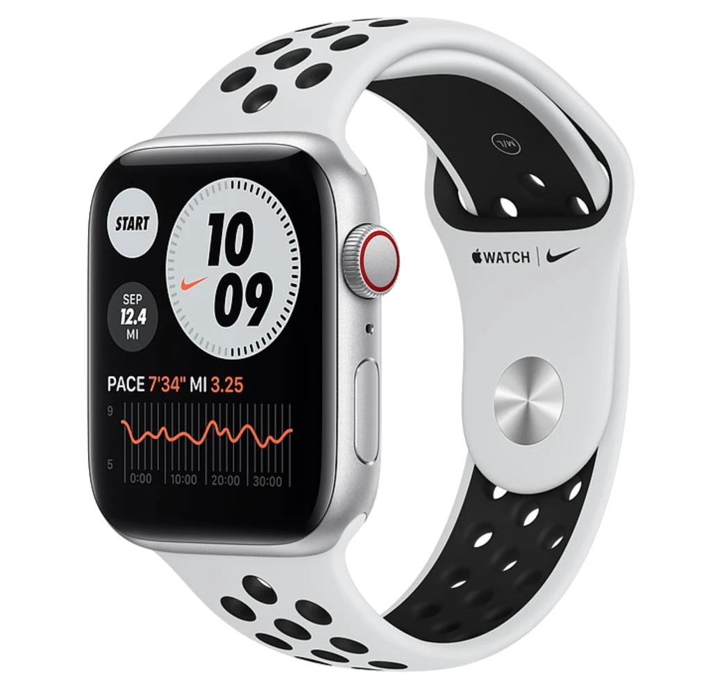 Platinum/black Apple Watch Nike SE GPS + Cellular, 44mm Aluminium case, Sport band.1