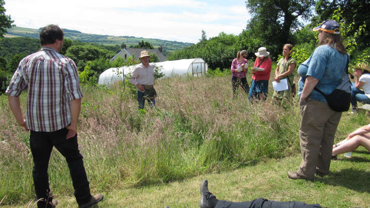 Man in hat with pouch (not paunch) standing in the long grass, talking with a circling group of permaculturalists, polytunnel, house and hills in the background.