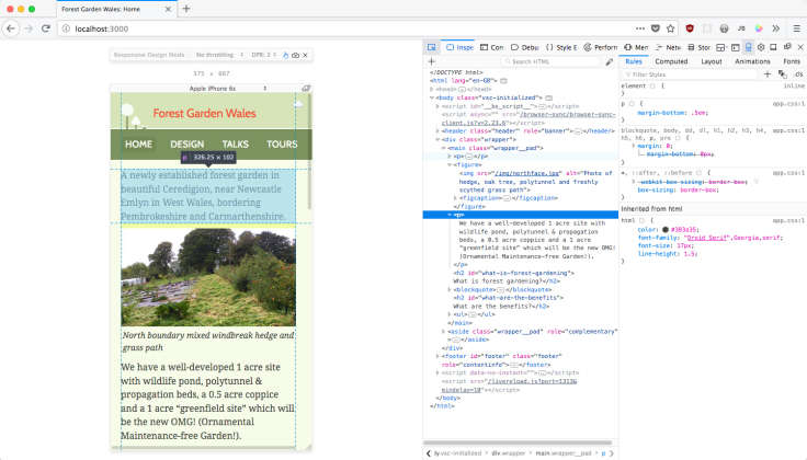 Screenshot of Forest Garden Wales website in browser, with browser tools showing