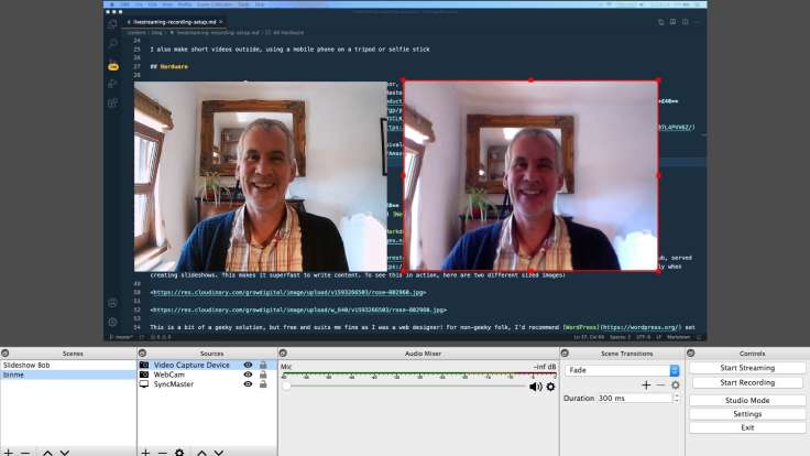 Screenshot of livestreaming software and two webcams in operation