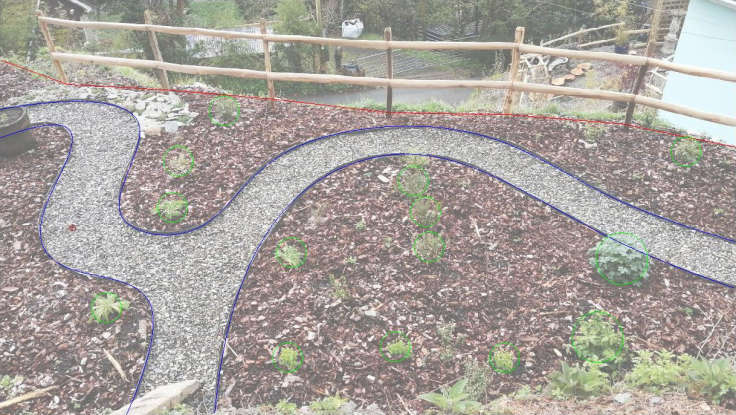 CAD overlay over view of curvy path in garden