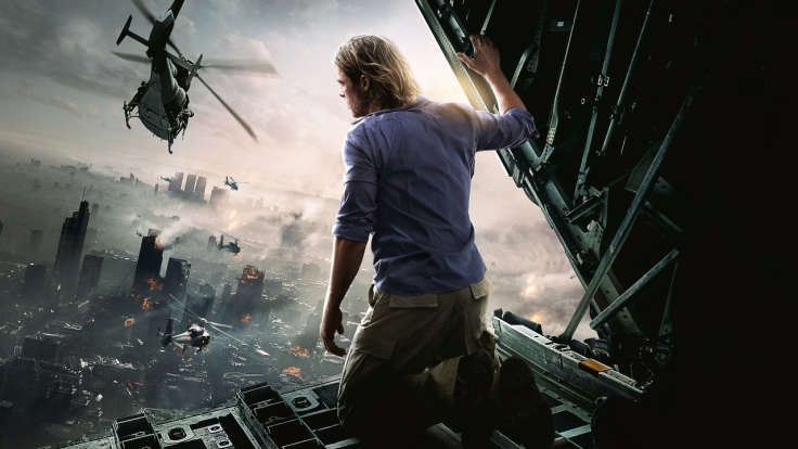 Brad Pitt doing his Bradd Pitt thing in the back of a helicopter, staring down upon the city-wide devastation caused by our frenetically exploitative economic system. Or zombies.