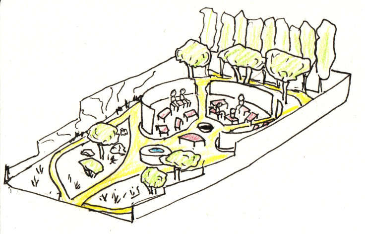 Sketch of show garden with assembly area