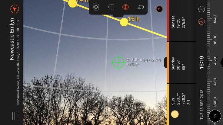 Screenshot of Sun Surveyor app showing higher path of sun