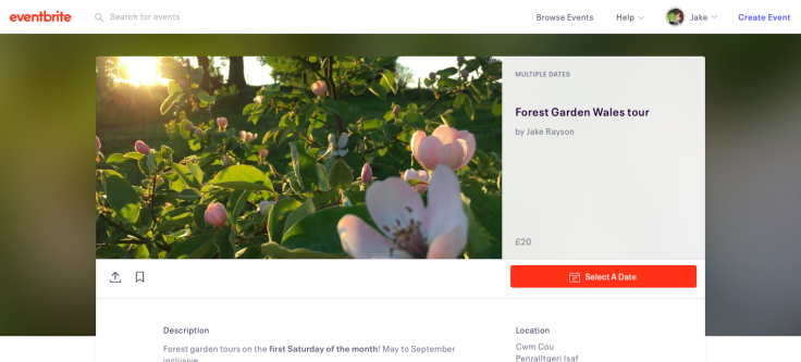 Screenshot of Forest Garden Wales tours Eventbrite page