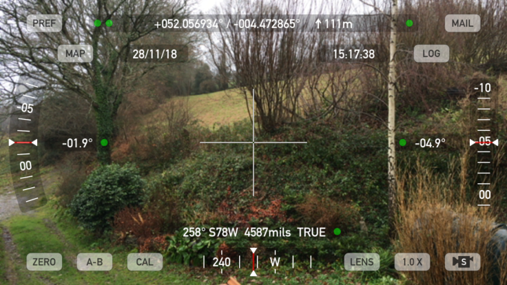 Screenshot of Theodolite survey app, augmented reality, looking at field