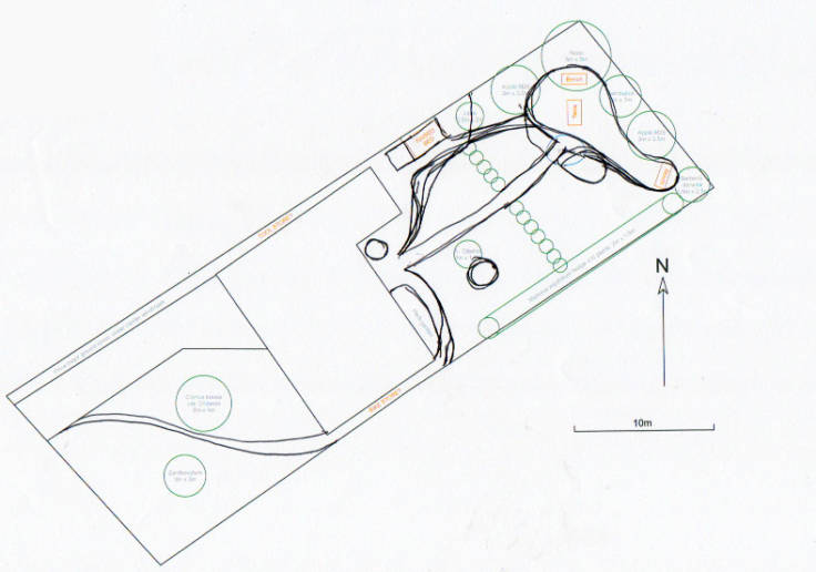 CAD garden plan marked up with biro to show areas