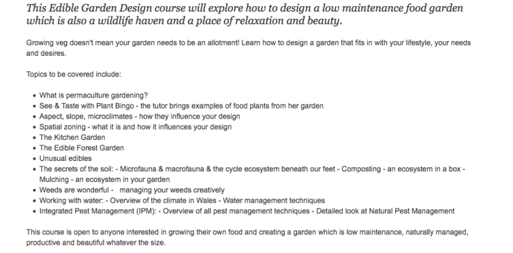 Screenshot of Edible Garden Design course details, list of topics