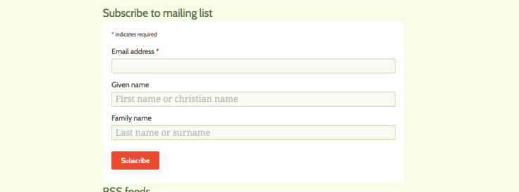 Screenshot of Forest Garden Wales mailing list form