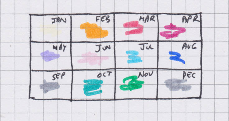 Sketch of composite photo calendar year, months marked up