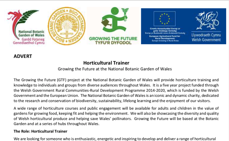 Screenshot of PDF job advert for Horticultural Trainer