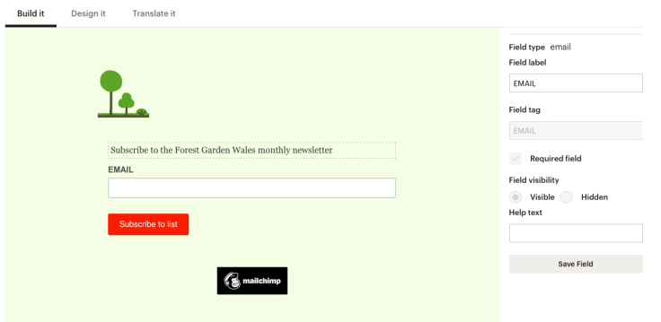 Screenshot of Mailchimp signup form designer