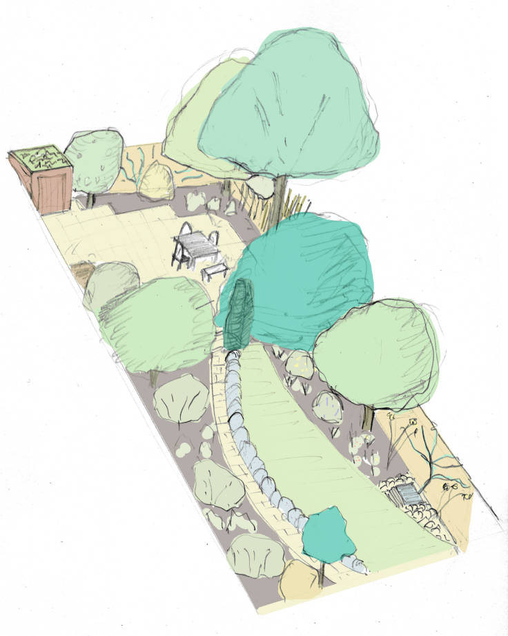 Colourised pencil sketch of garden