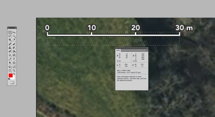 Screenshot of metres scale on satellite photo in Photoshop