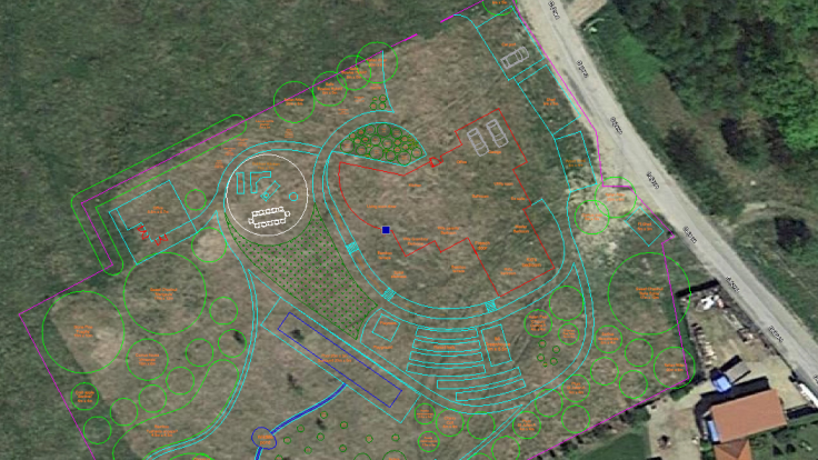 CAD garden design superimposed over satellite photo