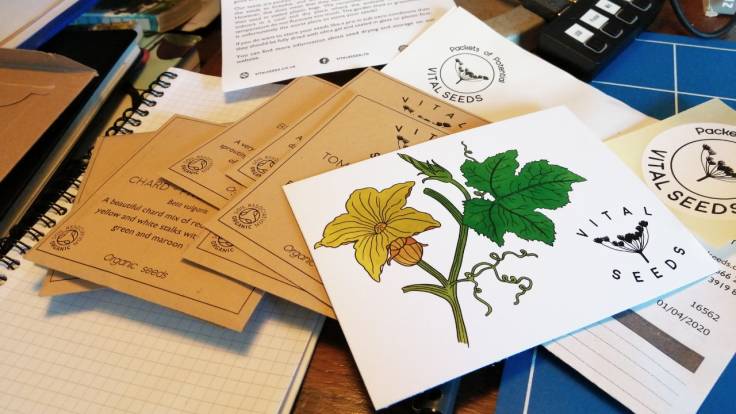 Packets of seeds and illustrated leaflet on a messy desk