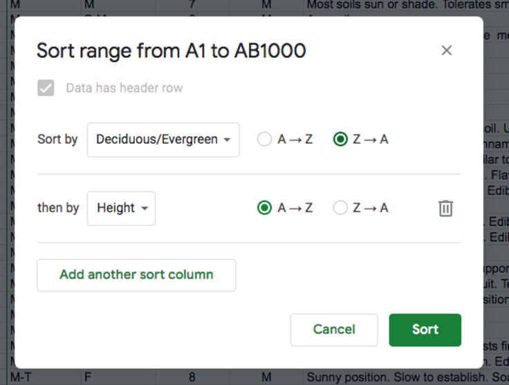 Screenshot of spreadsheet sort options