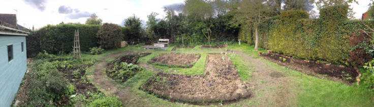 Panorama of back garden with greener beds