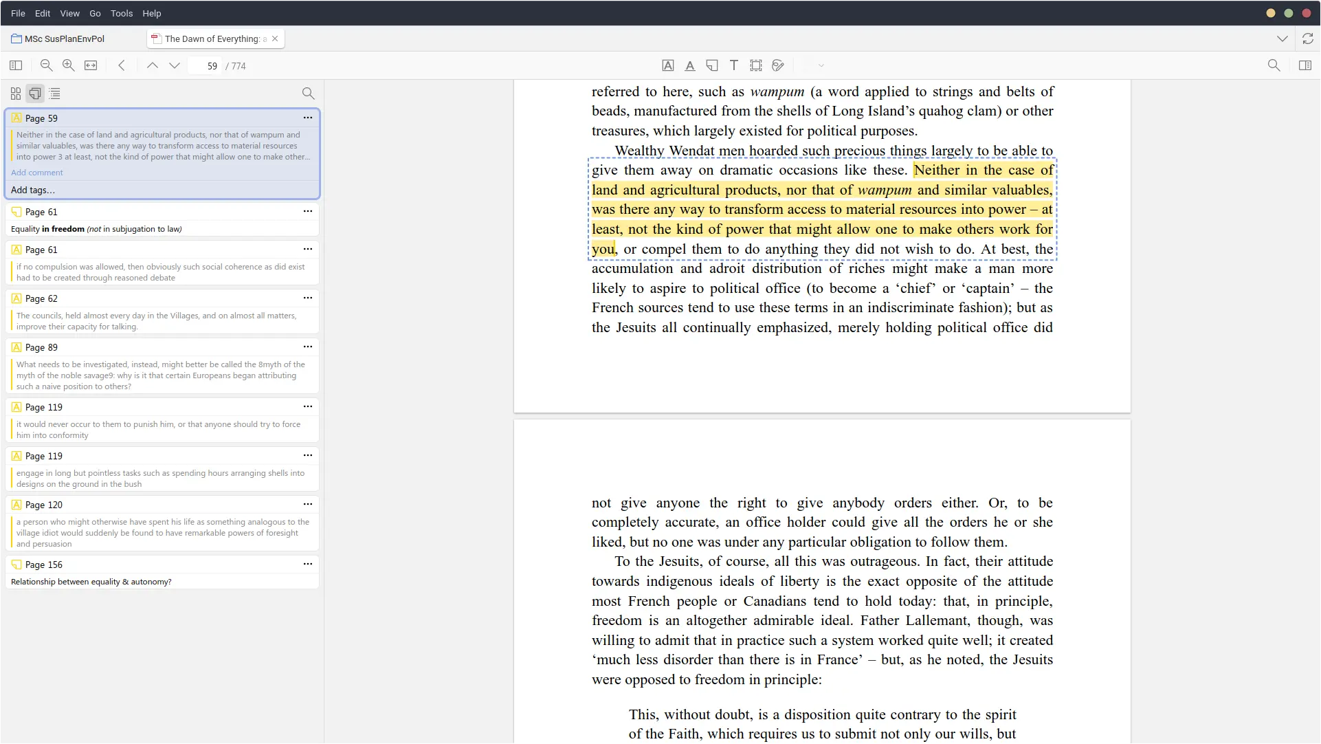 Screenshot of Zotero software, showing annotations in left column, highlighted text in right