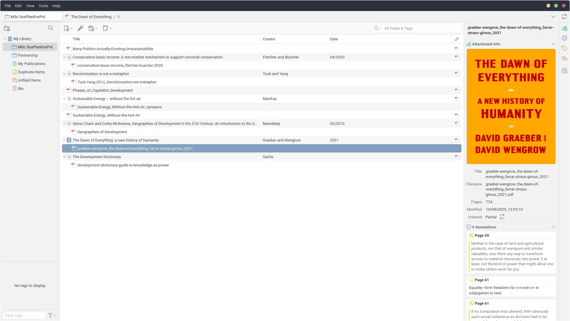 Screenshot of list of items in Zotero software
