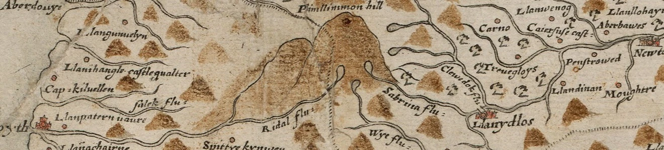 Old map with mountain and what looks like sperm but is probably tributaries to rivers, past settlements