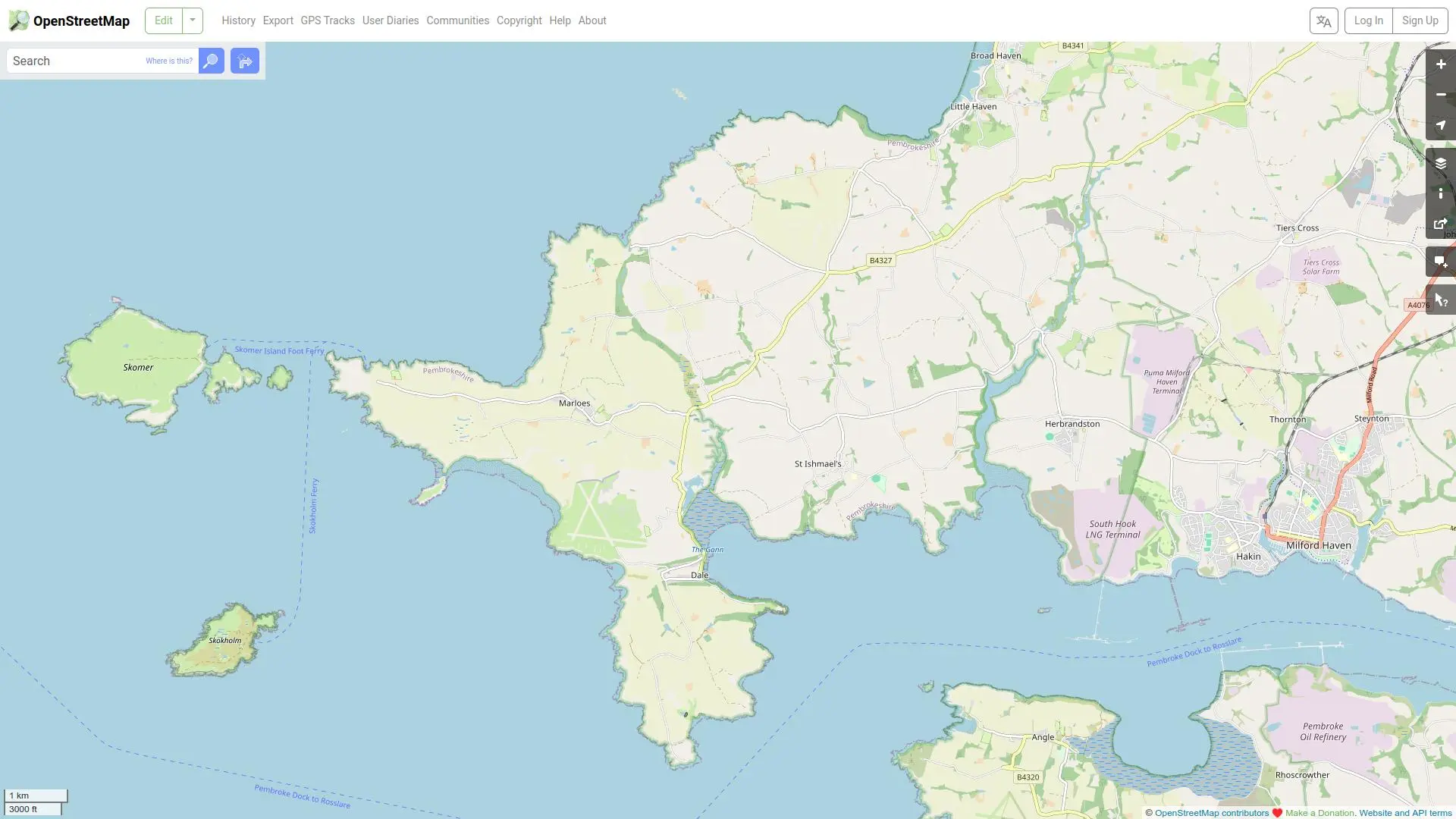 OpenStreetMap of Skomer in relation to Milford Haven