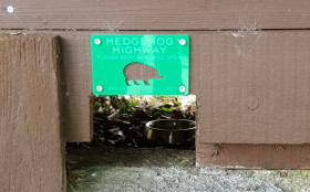 Hedgehog Highway plastic sign above hole cut in fence