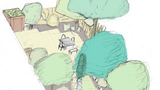 Colourised pencil sketch of garden design