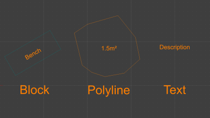 CAD entities screenshot: block, polyline & text