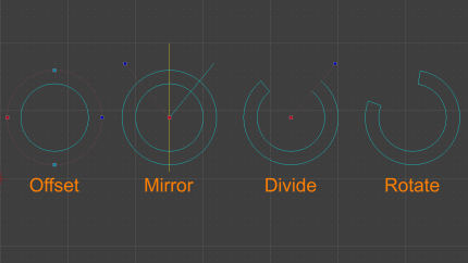 CAD modifications screenshot: offset, mirror, divide & rotate