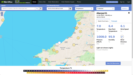 Screenshot of Met Office Weather Observation Website