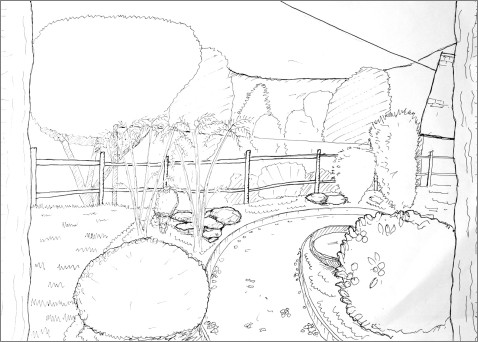 Pen sketch of view from pergola