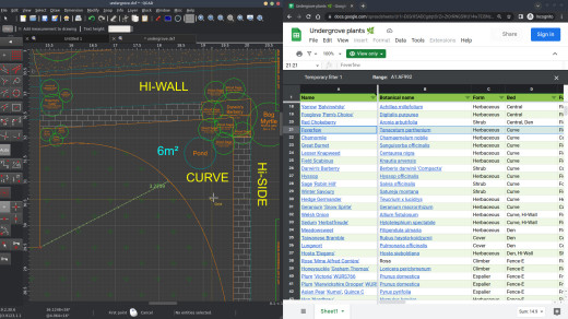 CAD drawing showing area of a section, and ruler, side-by-side with plant spreadsheet