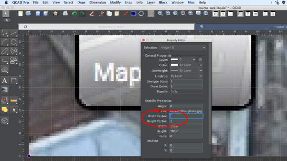 Screenshot of CAD program, showing Property Editor Width Factor
