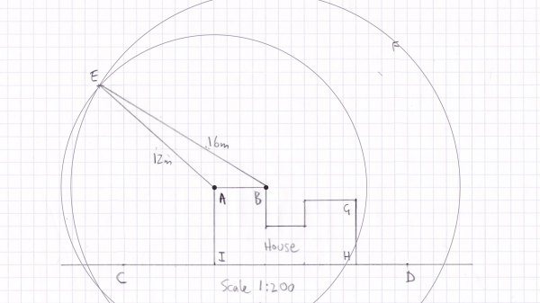 Pencil plan, lines from B & A to E