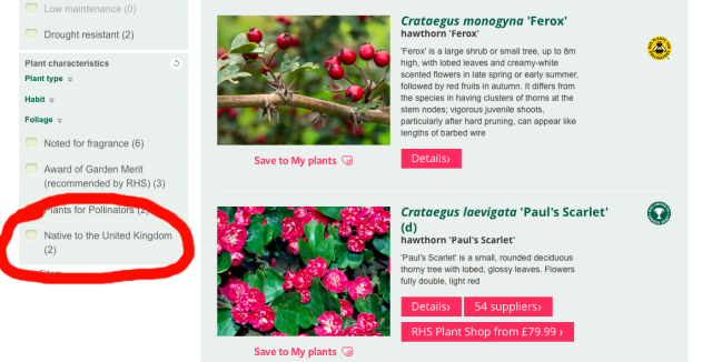 Screenshot of RHS plant finder filter by native