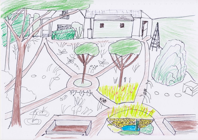 Sketch of view from seat to house