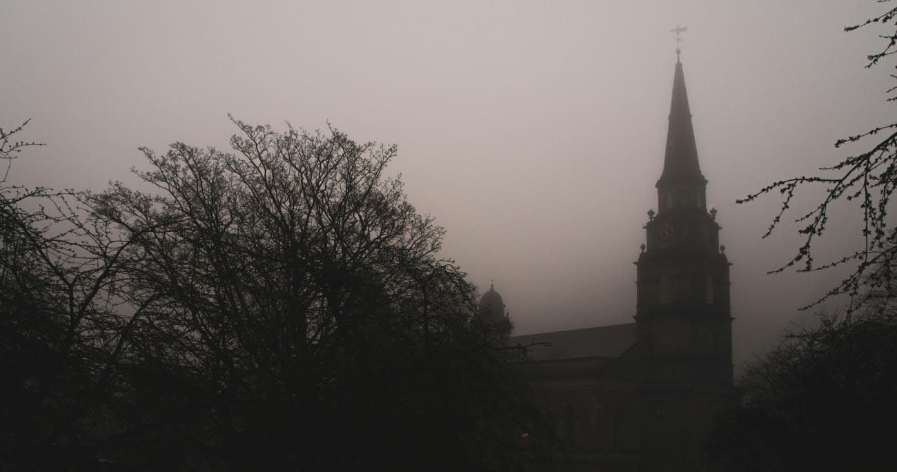 church steeple in the fog