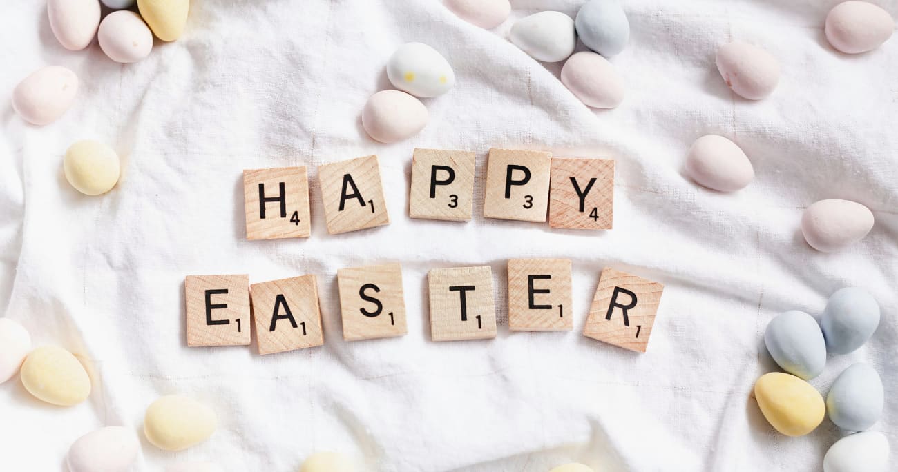 scrabble tiles spelling out Happy Easter